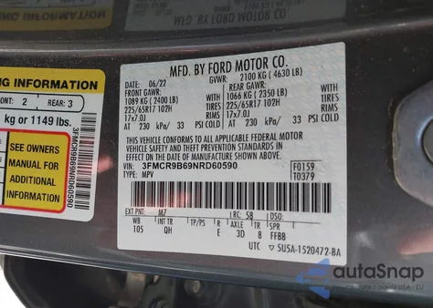 2022 Ford Bronco Sport Big Bend из США, поврежденный, VIN 3FMCR9B69NRD60590